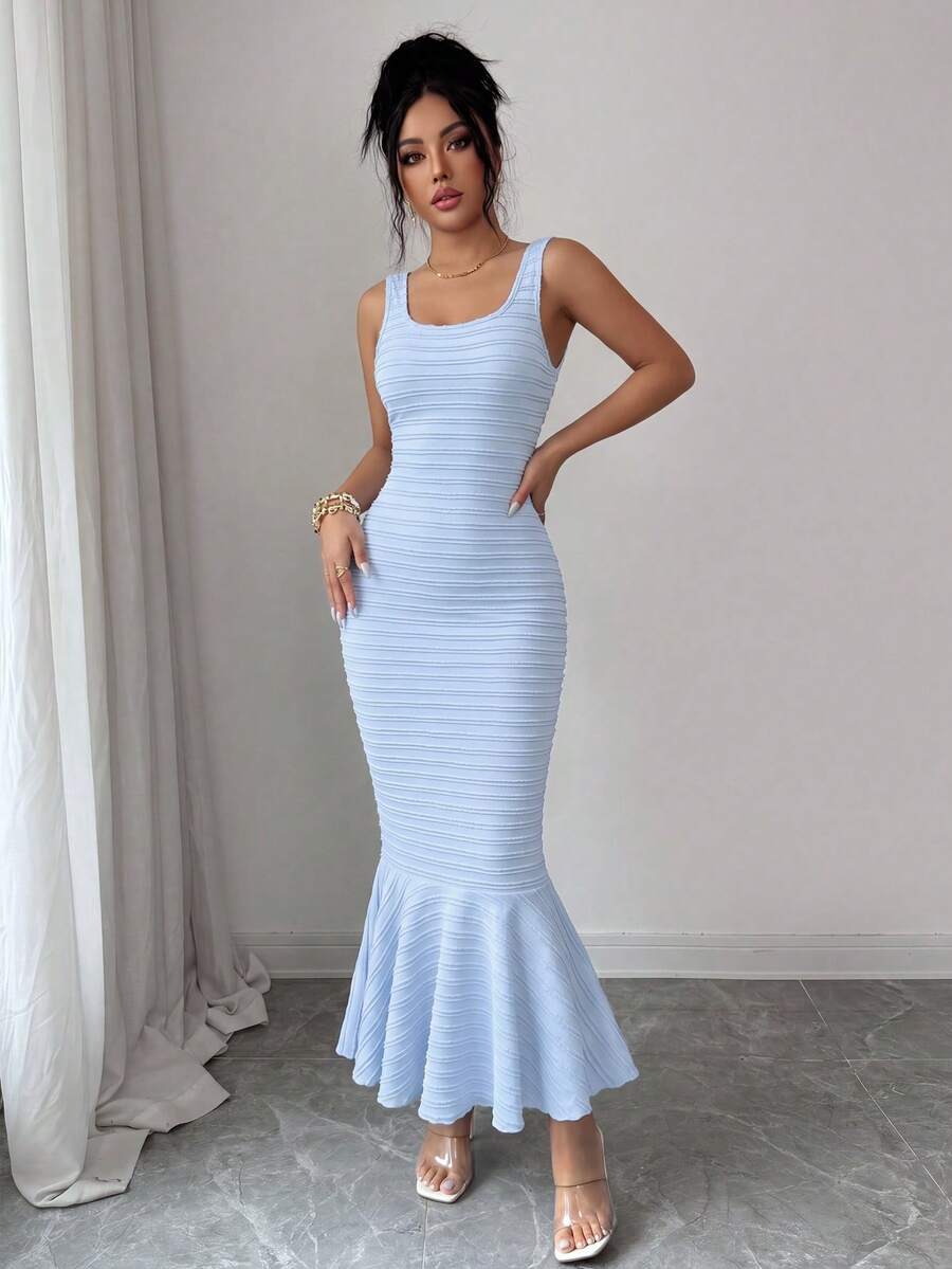 SHEIN Elenzya فستان أنيق بحافة حورية البحر وخصر مخصر بدون أكمام