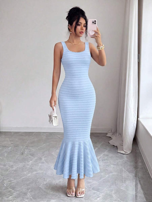SHEIN Elenzya فستان أنيق بحافة حورية البحر وخصر مخصر بدون أكمام