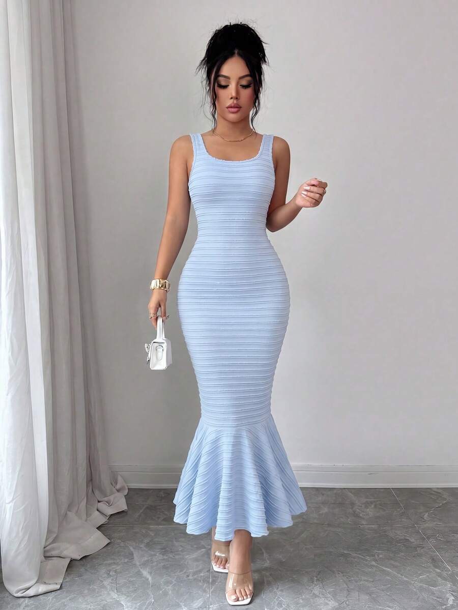 SHEIN Elenzya فستان أنيق بحافة حورية البحر وخصر مخصر بدون أكمام