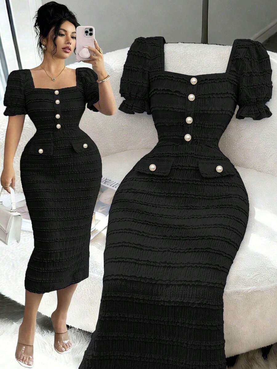 SHEIN Elenzga فستان أسود متوسط الطول برقبة مربعة وأكمام قصيرة