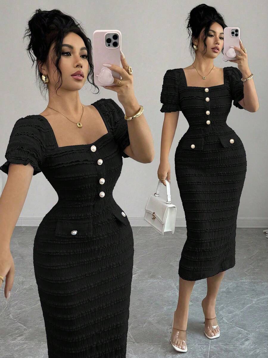 SHEIN Elenzga فستان أسود متوسط الطول برقبة مربعة وأكمام قصيرة