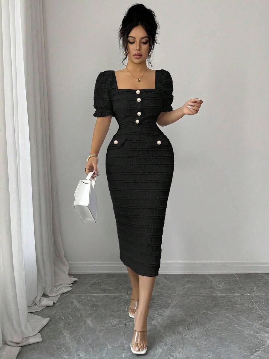 SHEIN Elenzga فستان أسود متوسط الطول برقبة مربعة وأكمام قصيرة