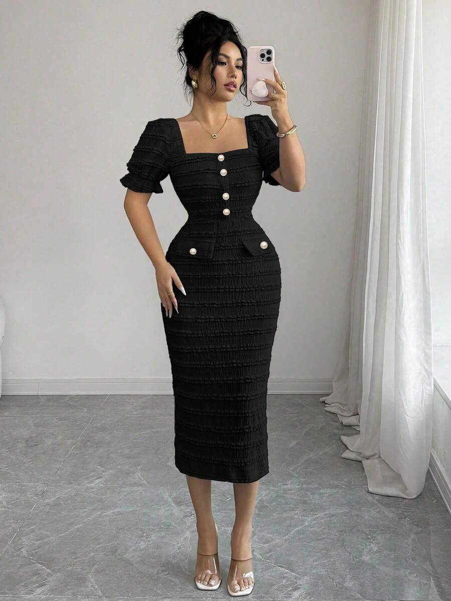 SHEIN Elenzga فستان أسود متوسط الطول برقبة مربعة وأكمام قصيرة