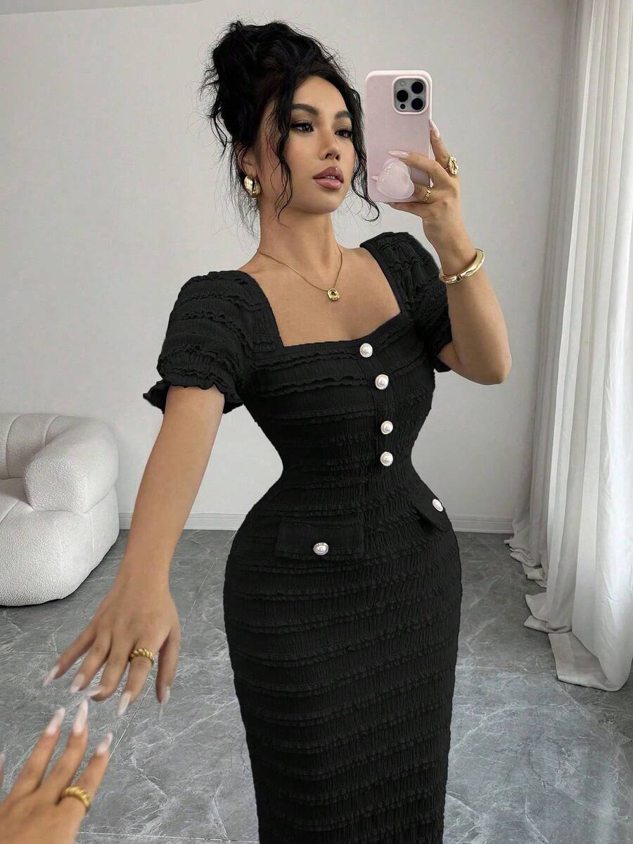 SHEIN Elenzga فستان أسود متوسط الطول برقبة مربعة وأكمام قصيرة