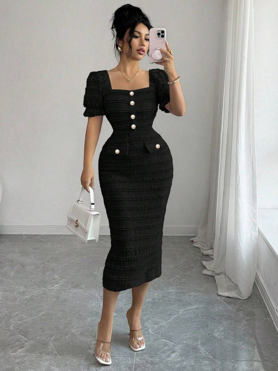 SHEIN Elenzga فستان أسود متوسط الطول برقبة مربعة وأكمام قصيرة