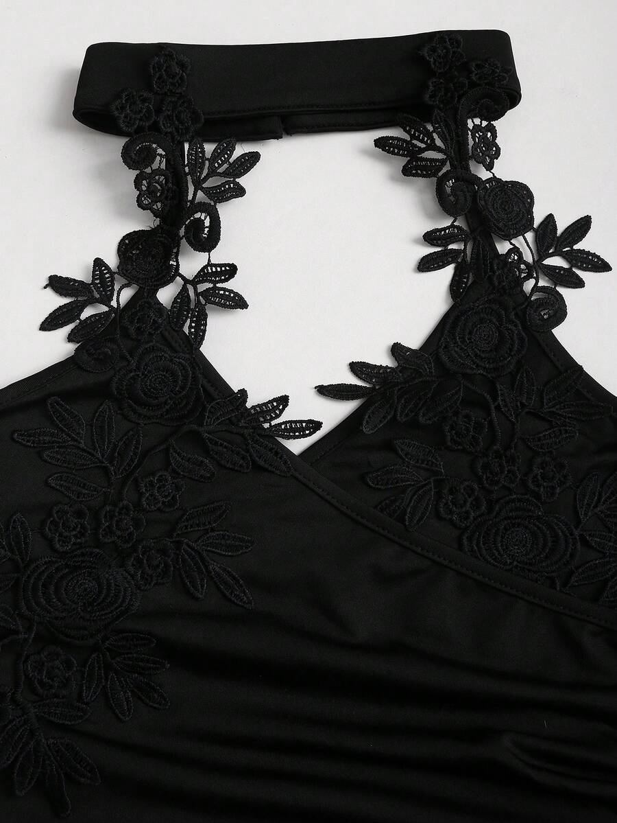 SHEIN Elenzga جمبسوت نسائي أسود أنيق بياقة دانتيل وأرجل واسعة من