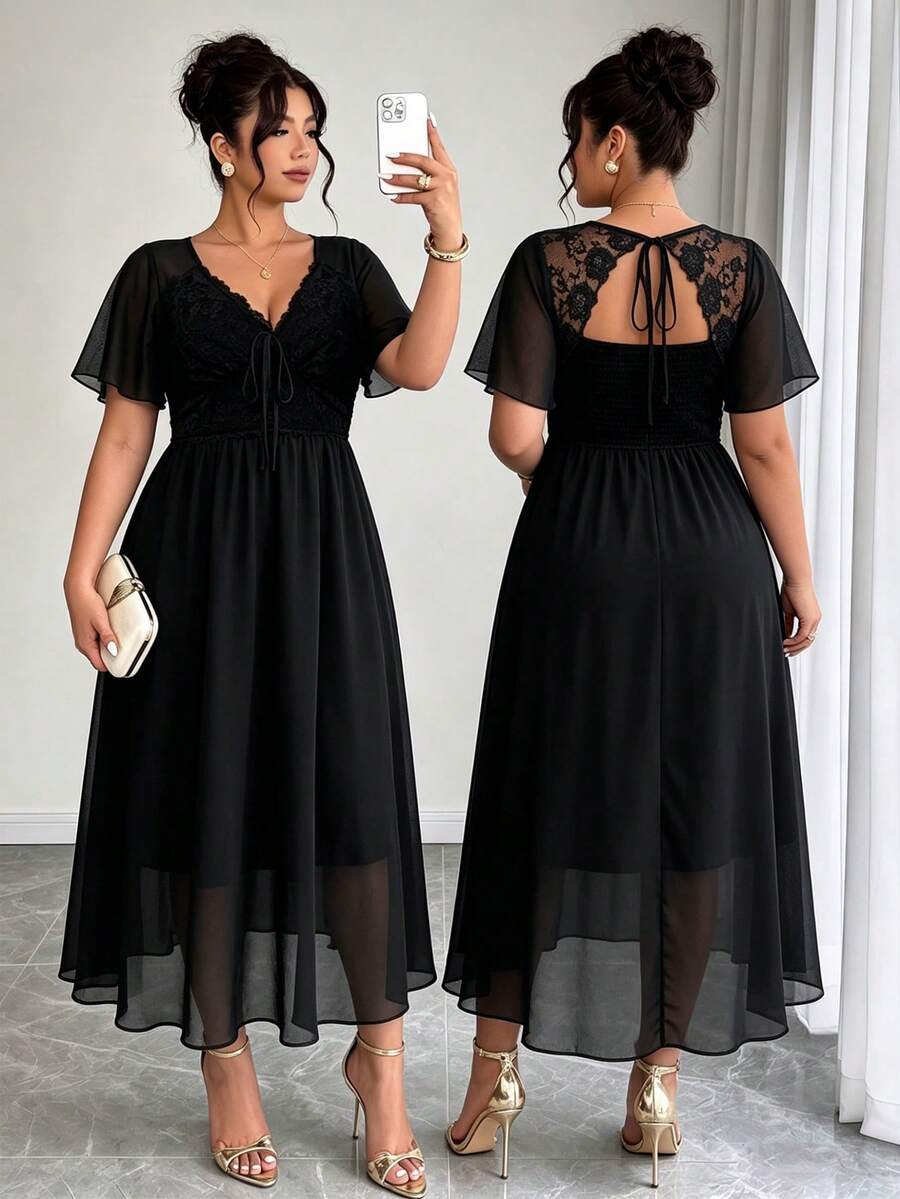 SHEIN Elenzga فستان شيفون أسود للمقاسات الكبيرة مفتوح الظهر بتفاصيل دانتيل