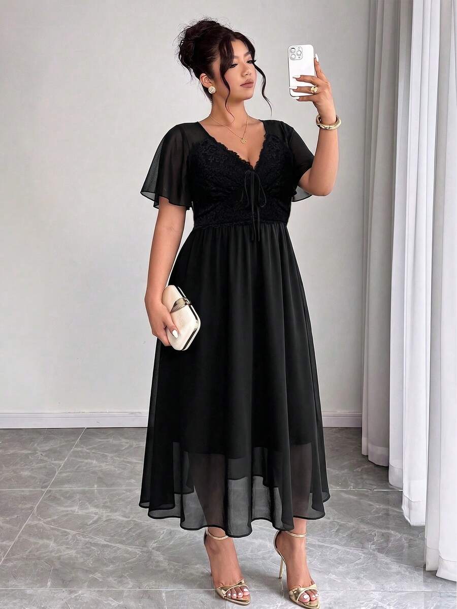 SHEIN Elenzga فستان شيفون أسود للمقاسات الكبيرة مفتوح الظهر بتفاصيل دانتيل