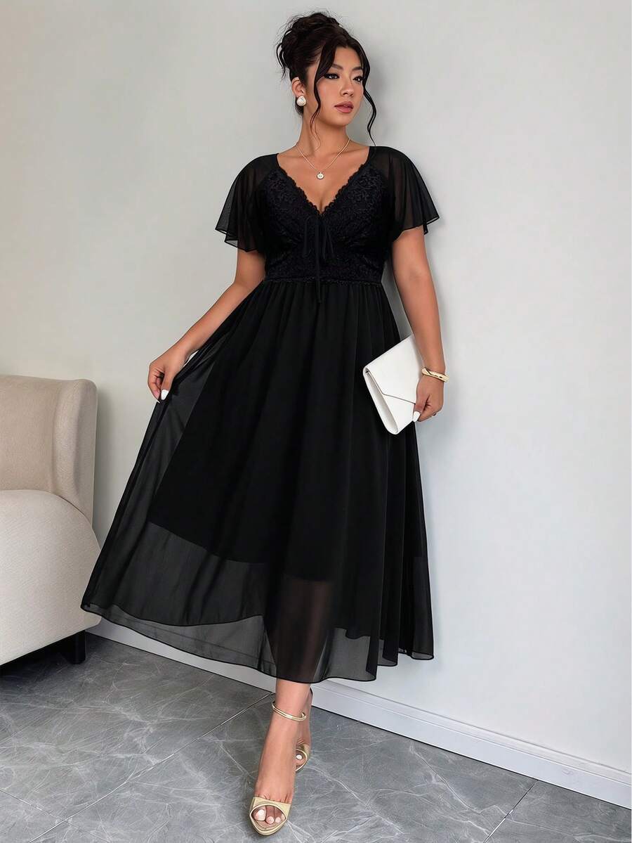 SHEIN Elenzga فستان شيفون أسود للمقاسات الكبيرة مفتوح الظهر بتفاصيل دانتيل