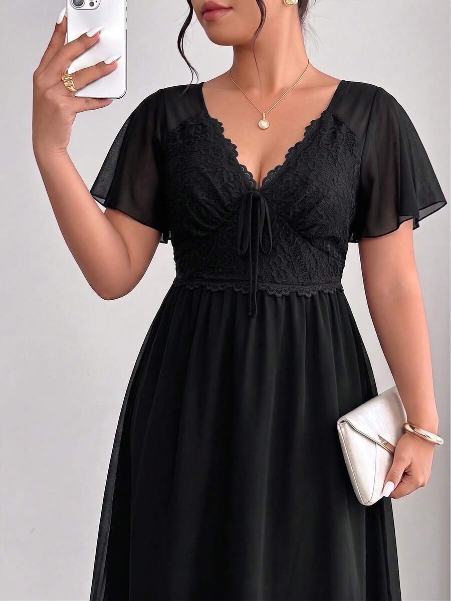 SHEIN Elenzga فستان شيفون أسود للمقاسات الكبيرة مفتوح الظهر بتفاصيل دانتيل