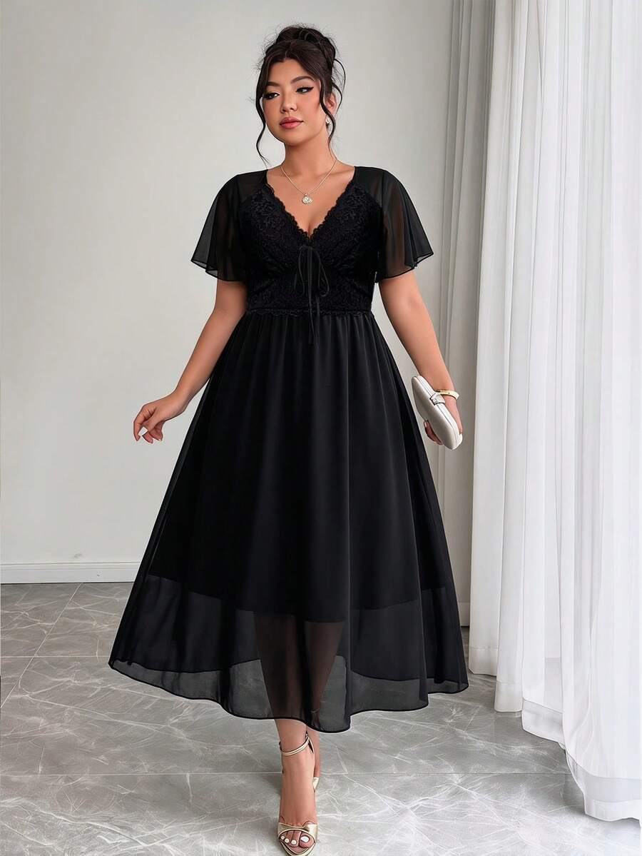 SHEIN Elenzga فستان شيفون أسود للمقاسات الكبيرة مفتوح الظهر بتفاصيل دانتيل