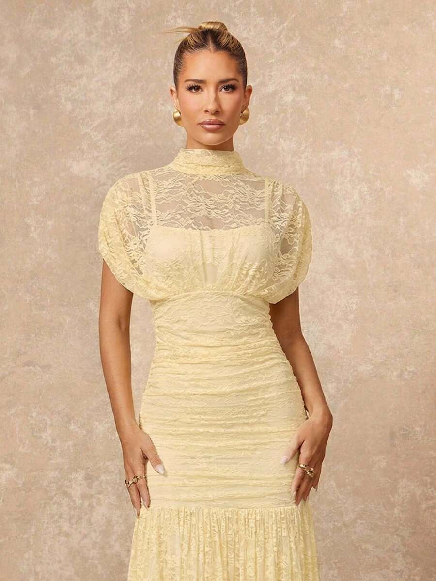 SHEIN Lumalex فستان من الدانتيل أنيق بلون اوزة صفراء