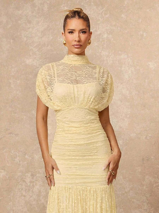 SHEIN Lumalex فستان من الدانتيل أنيق بلون اوزة صفراء