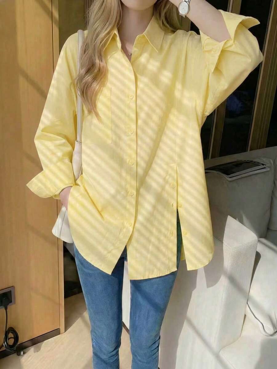 SHEIN قميص نسائي بأكمام طويلة وأزرار أمامية وجيب بلون أصفر