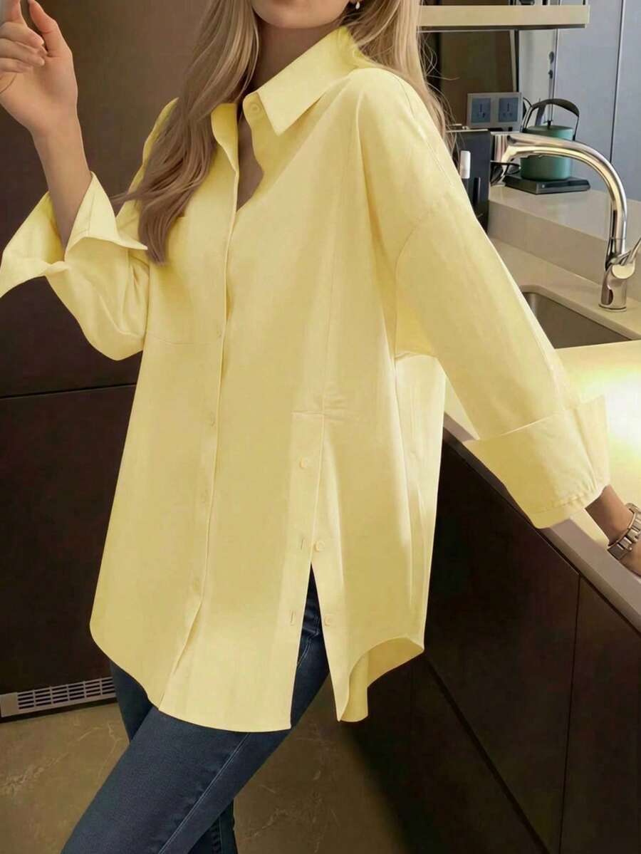 SHEIN قميص نسائي بأكمام طويلة وأزرار أمامية وجيب بلون أصفر