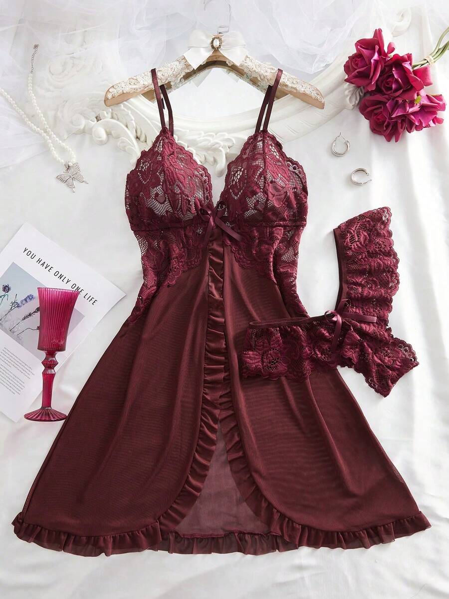 SHEIN V طقم ملابس داخلية قطعتين من الدانتيل والشبك بياقة