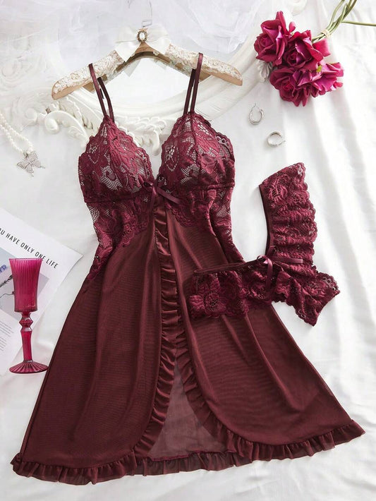 SHEIN V طقم ملابس داخلية قطعتين من الدانتيل والشبك بياقة