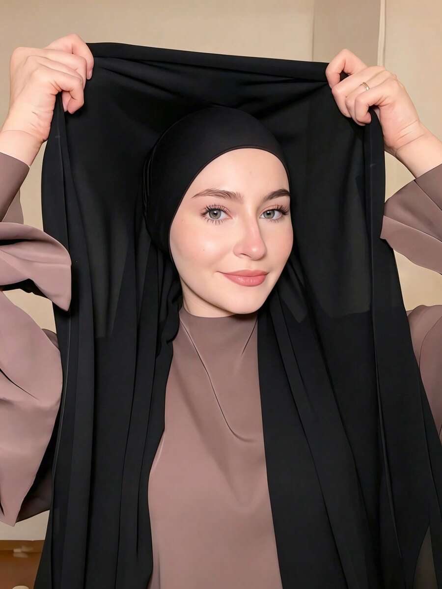 SHEIN حجاب فوري أسود بشبك مغناطيسي من الشيفون مع بطانة جيرسي مضفر