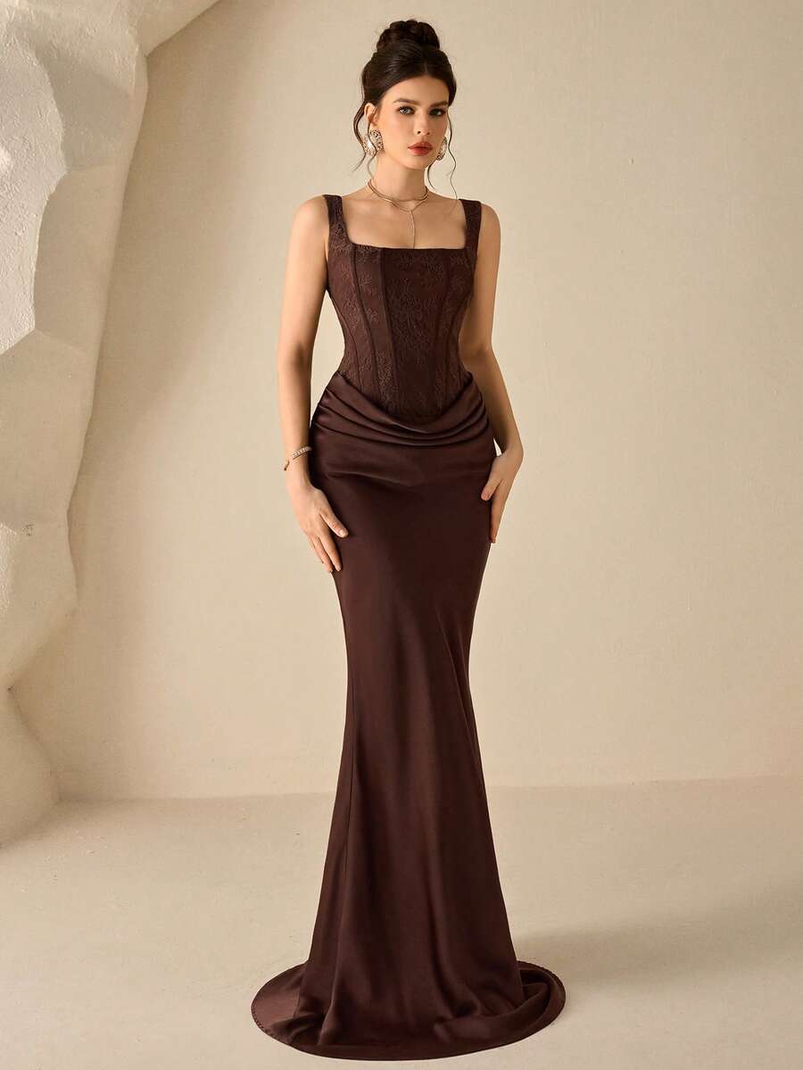 SHEIN Coutiva فستان رسمي أنيق للحفلات بلون قهوة بني
