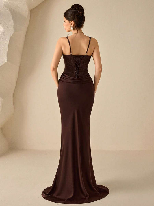 SHEIN Coutiva فستان رسمي أنيق للحفلات بلون قهوة بني