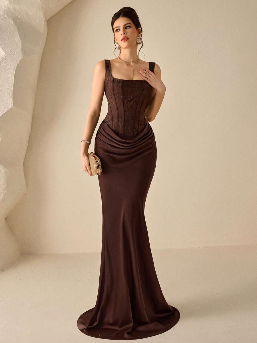 SHEIN Coutiva فستان رسمي أنيق للحفلات بلون قهوة بني