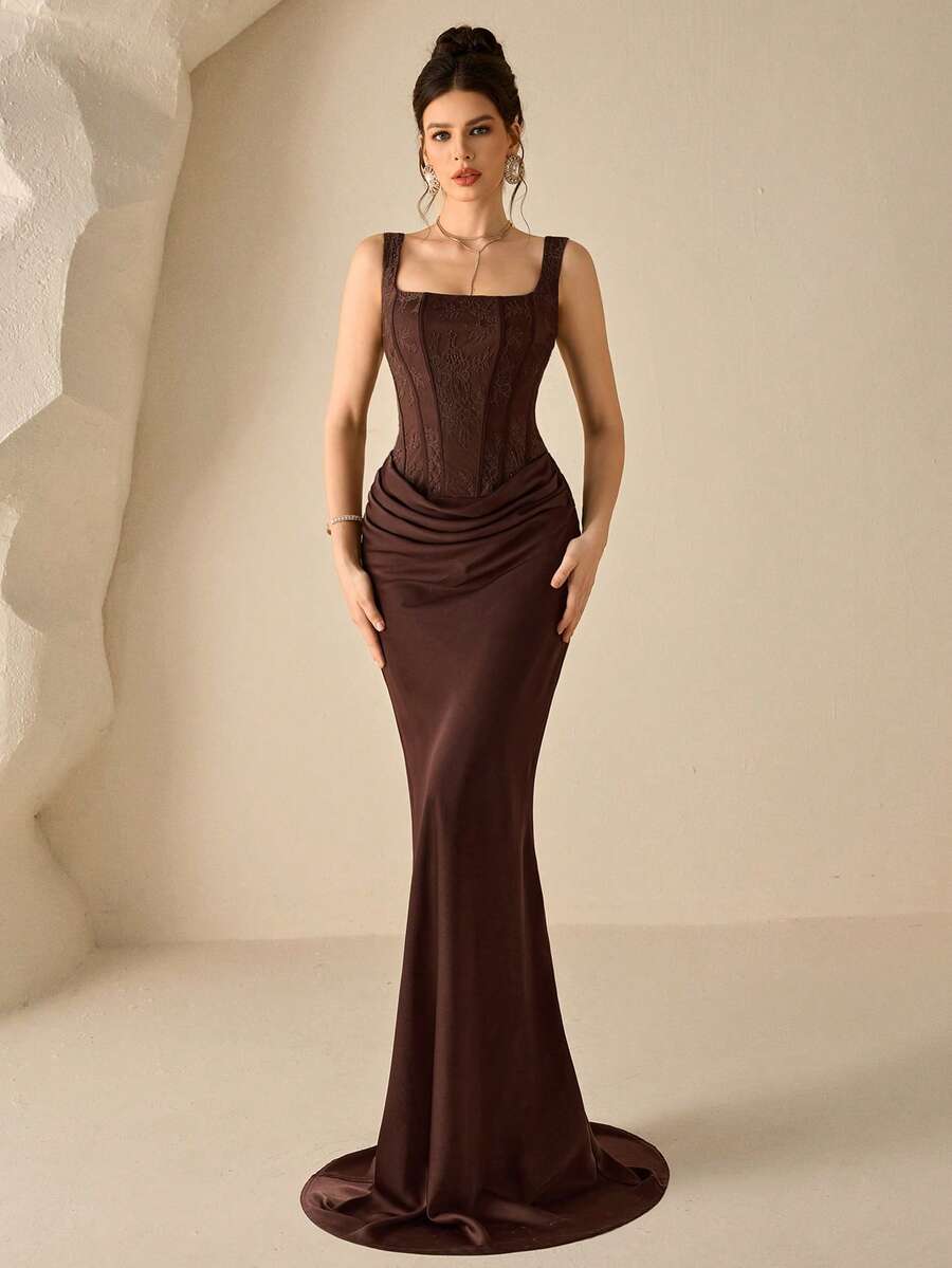 SHEIN Coutiva فستان رسمي أنيق للحفلات بلون قهوة بني