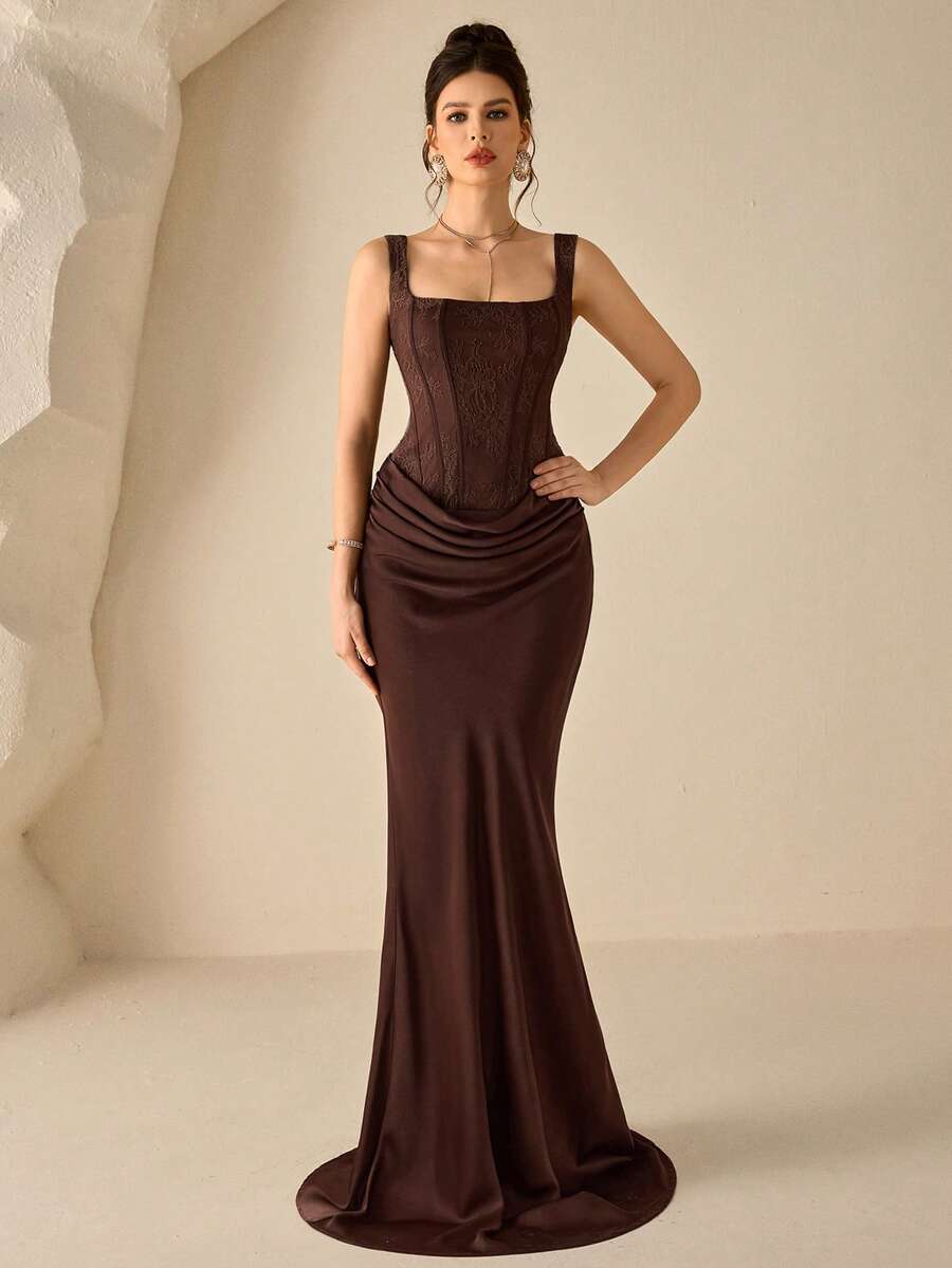 SHEIN Coutiva فستان رسمي أنيق للحفلات بلون قهوة بني