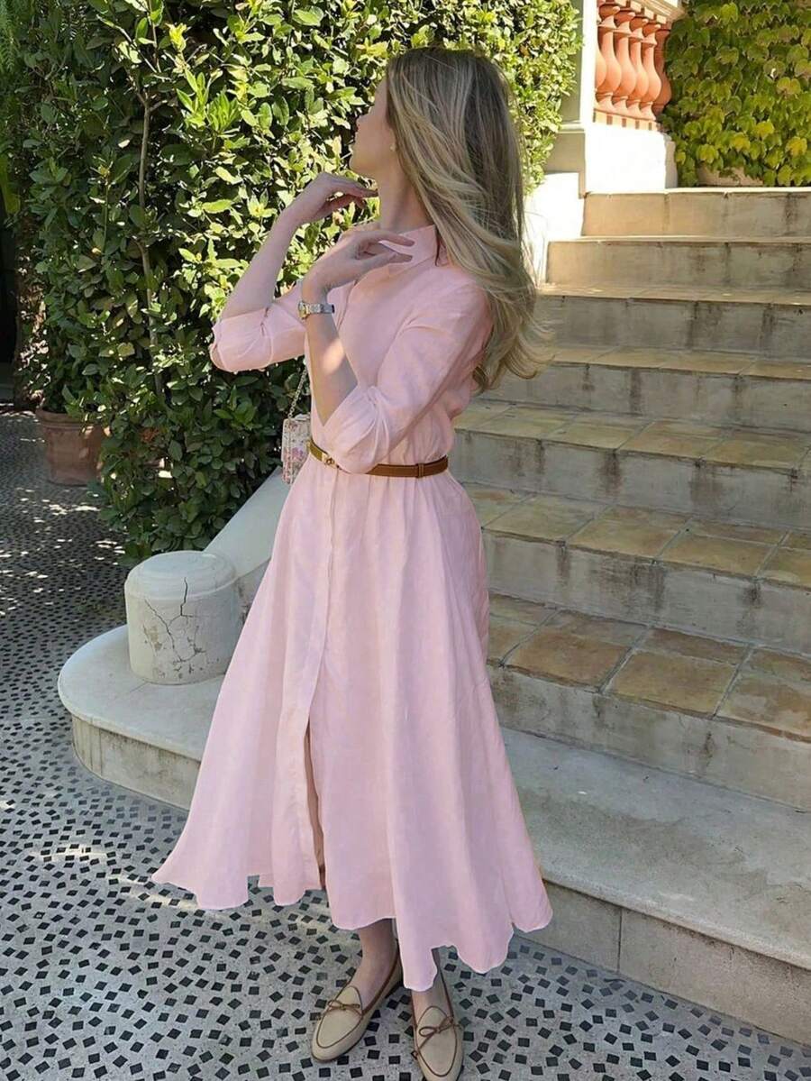 SHEIN فستان وردي أنيق بأكمام طويلة