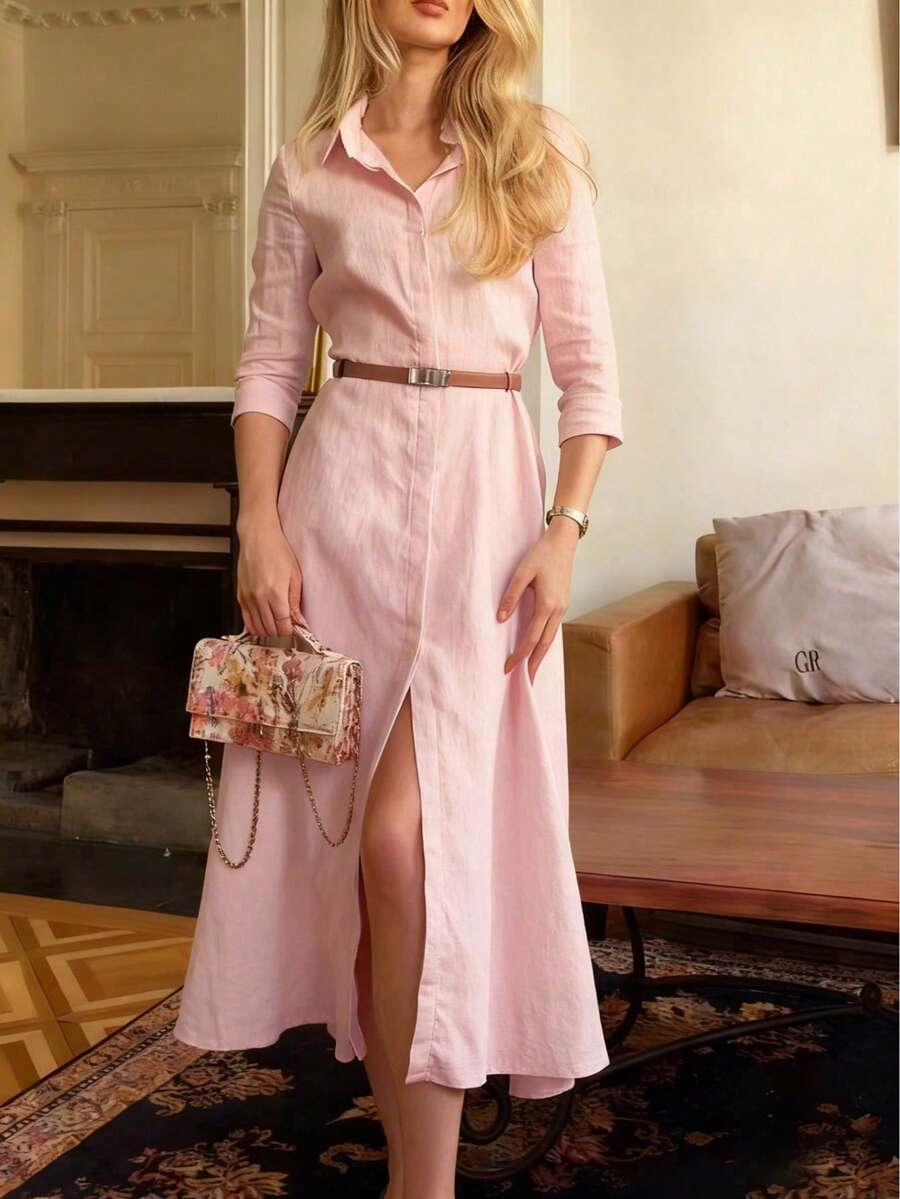 SHEIN فستان وردي أنيق بأكمام طويلة