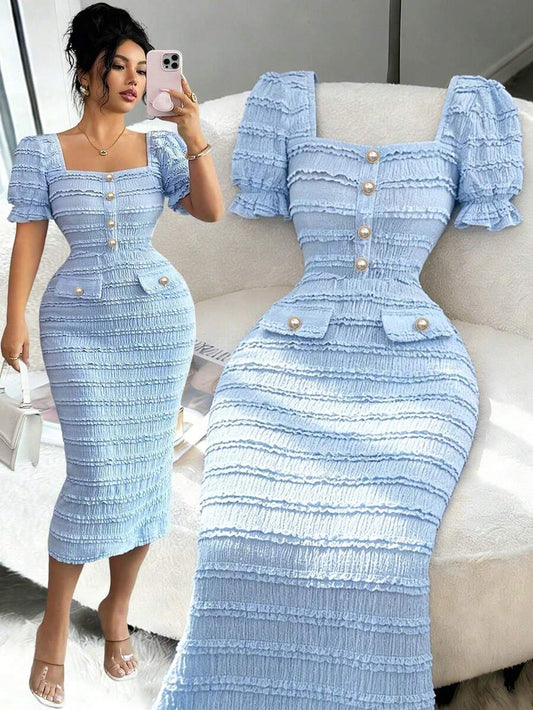 SHEIN Elenzga فستان محبوك بياقة مربعة وأكمام قصيرة بلون أزرق