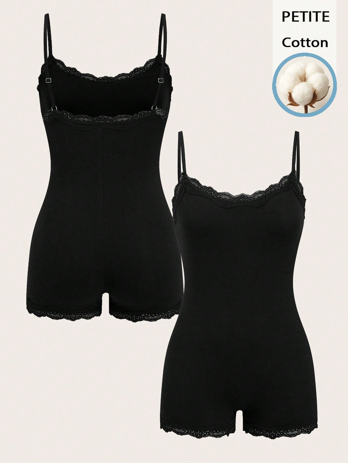 SHEIN PETITE | رومبير قطني قصير بحمالات وتطريز دانتيل