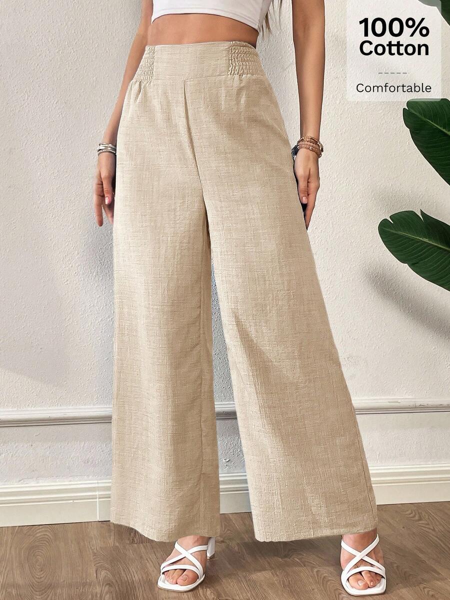 SHEIN Siren Gaze بنطلون فضفاض بخصر مطاطي وجيوب وقماش مرن بلون مشمشي