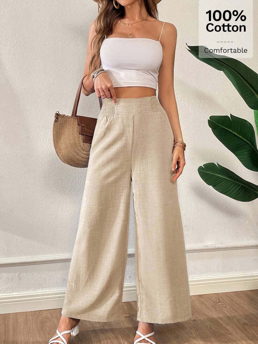 SHEIN Siren Gaze بنطلون فضفاض بخصر مطاطي وجيوب وقماش مرن بلون مشمشي