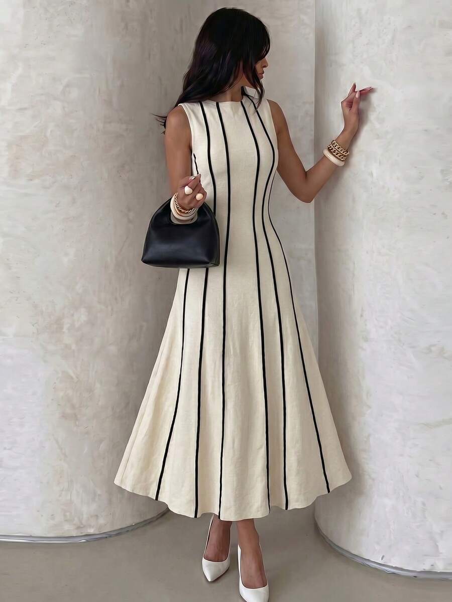 SHEIN MODELYN فستان أنيق بخصر ضيق وتباين ألوان بدون أكمام