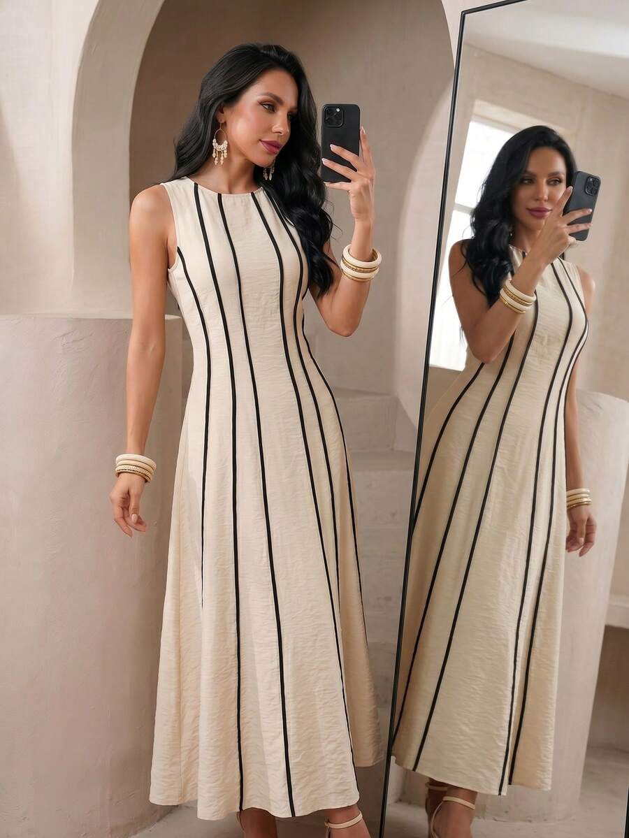 SHEIN MODELYN فستان أنيق بخصر ضيق وتباين ألوان بدون أكمام