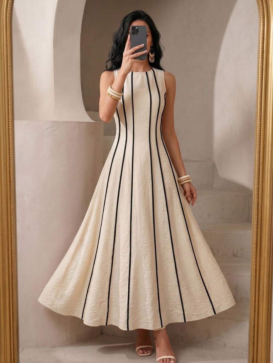 SHEIN MODELYN فستان أنيق بخصر ضيق وتباين ألوان بدون أكمام