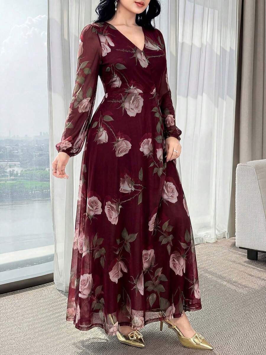 SHEIN فستان عنابي أنيق بخصر مشدود جذاب