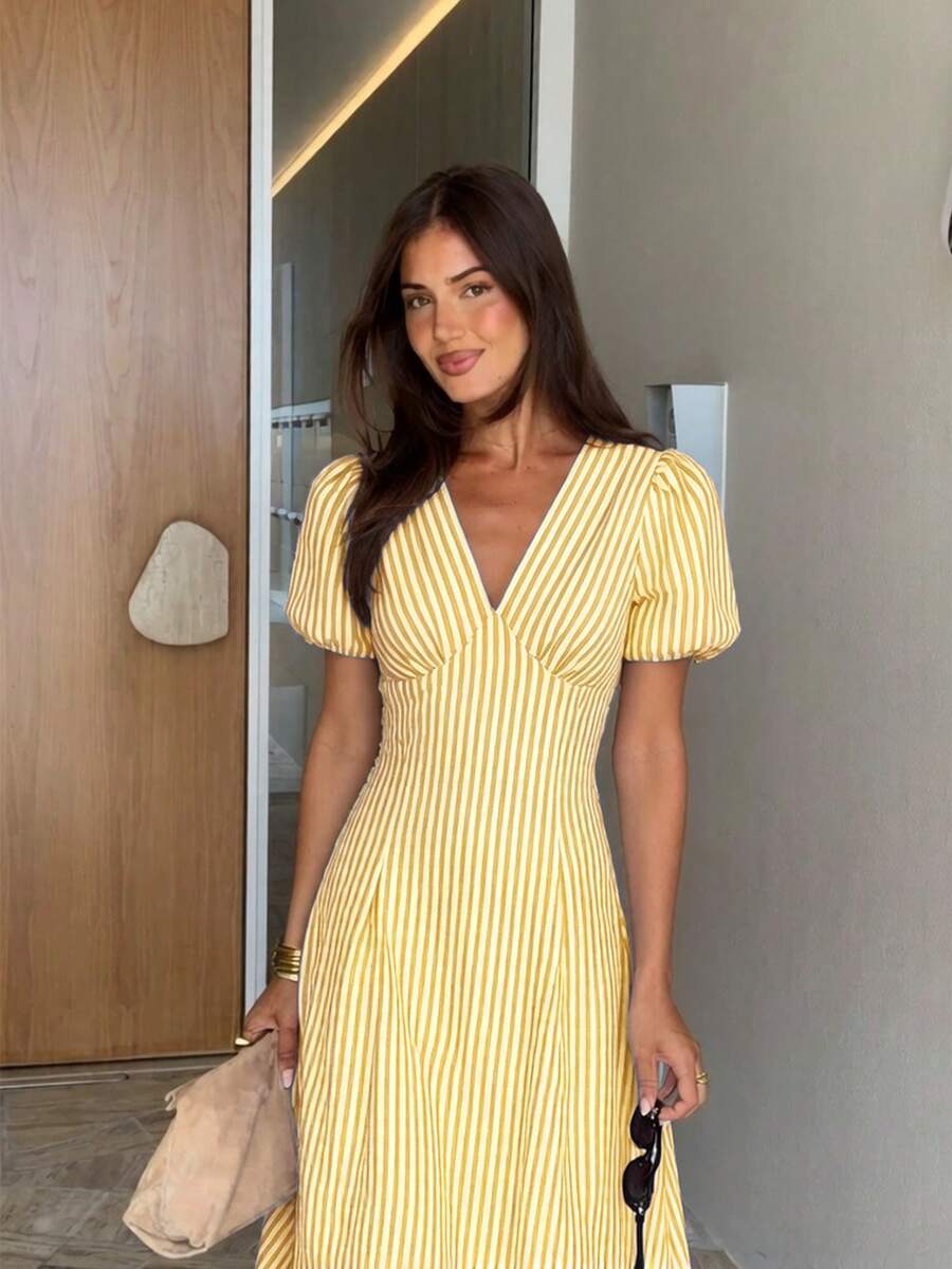 SHEIN Siren Gaze فستان أصفر متوسط الطول مخطط أنيق