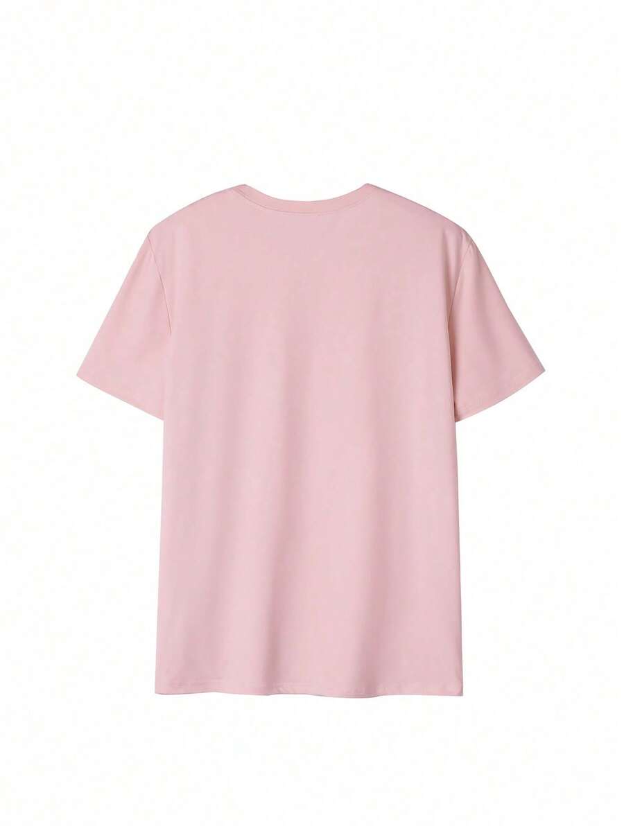 SHEIN تي شيرت وردي بطبعة دب كرتوني كاواي بأكمام قصيرة