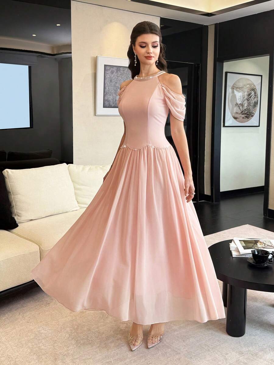 SHEIN Modelyn فستان وردي طويل مطرز بالخرز بكتف بارز وياقة حلقية