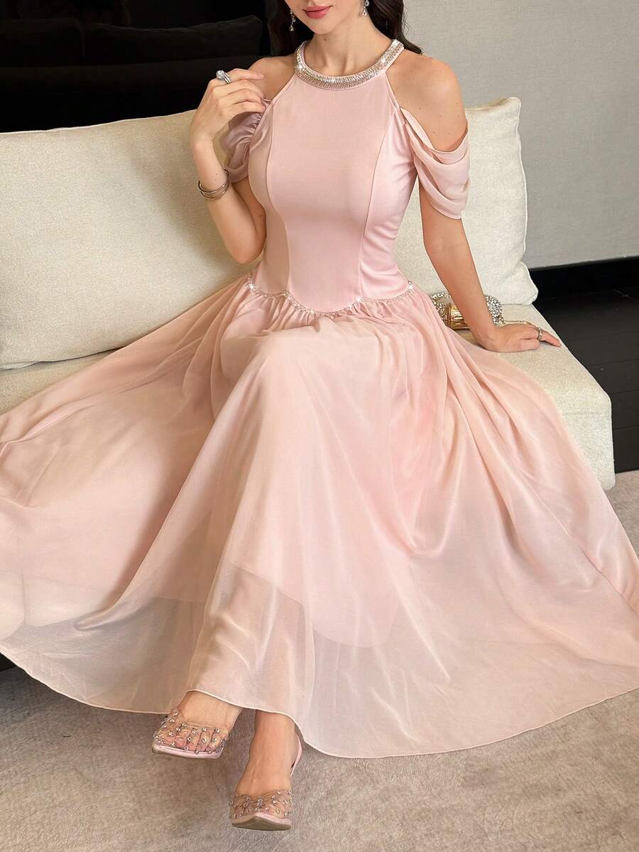 SHEIN Modelyn فستان وردي طويل مطرز بالخرز بكتف بارز وياقة حلقية