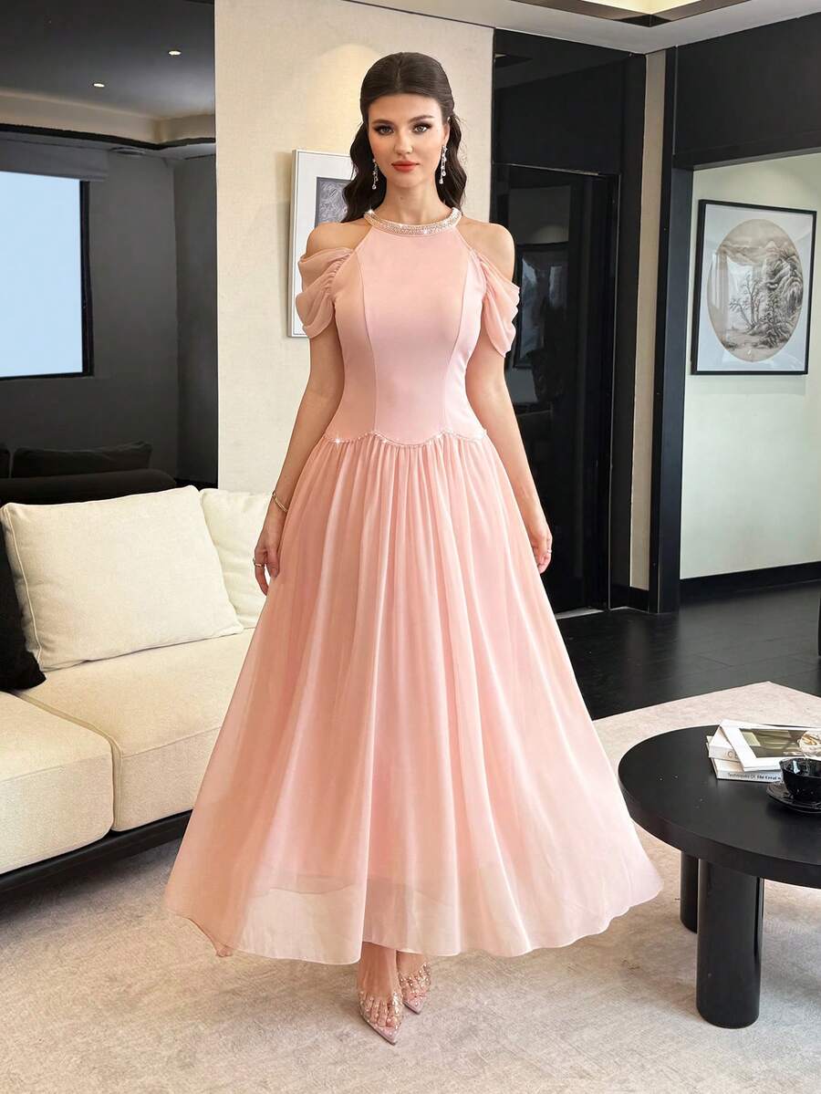 SHEIN Modelyn فستان وردي طويل مطرز بالخرز بكتف بارز وياقة حلقية