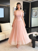SHEIN Modelyn فستان وردي طويل مطرز بالخرز بكتف بارز وياقة حلقية