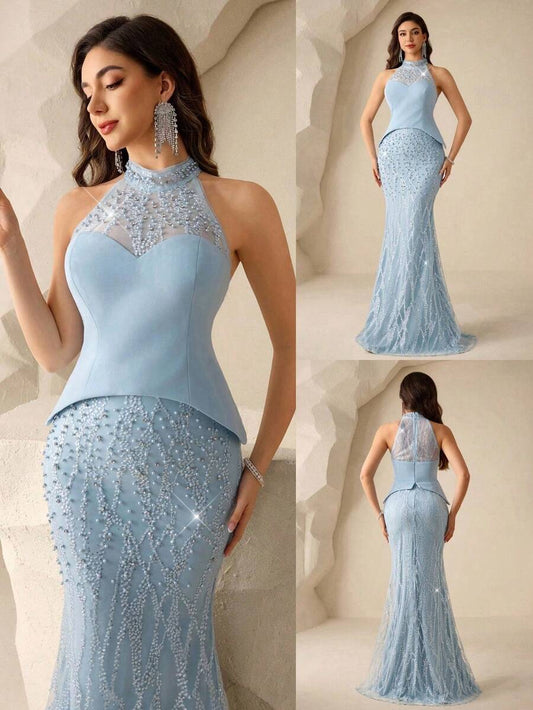 SHEIN Coutiva فستان سهرة بتصميم الحورية مزين بالترتر واللؤلؤ بياقة عالية