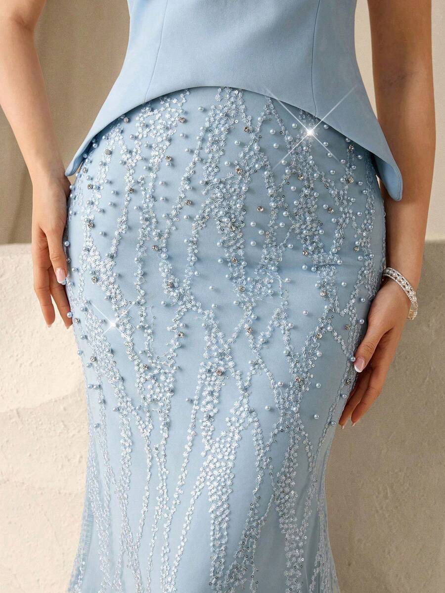 SHEIN Coutiva فستان سهرة بتصميم الحورية مزين بالترتر واللؤلؤ بياقة عالية