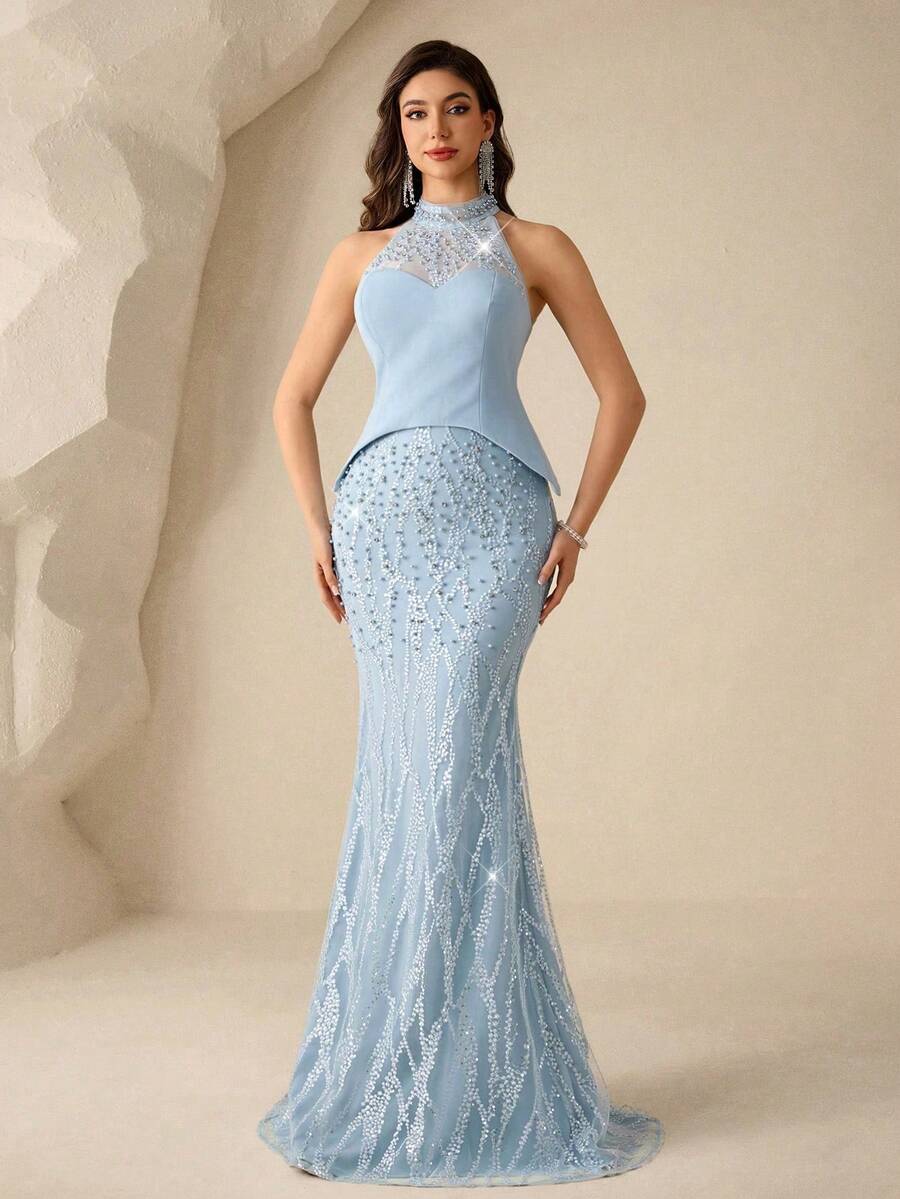 SHEIN Coutiva فستان سهرة بتصميم الحورية مزين بالترتر واللؤلؤ بياقة عالية