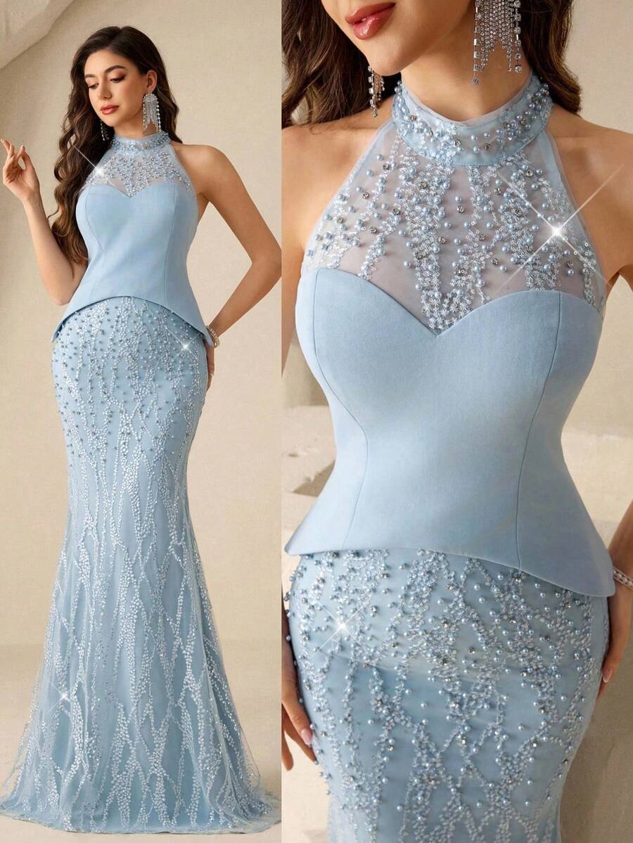 SHEIN Coutiva فستان سهرة بتصميم الحورية مزين بالترتر واللؤلؤ بياقة عالية