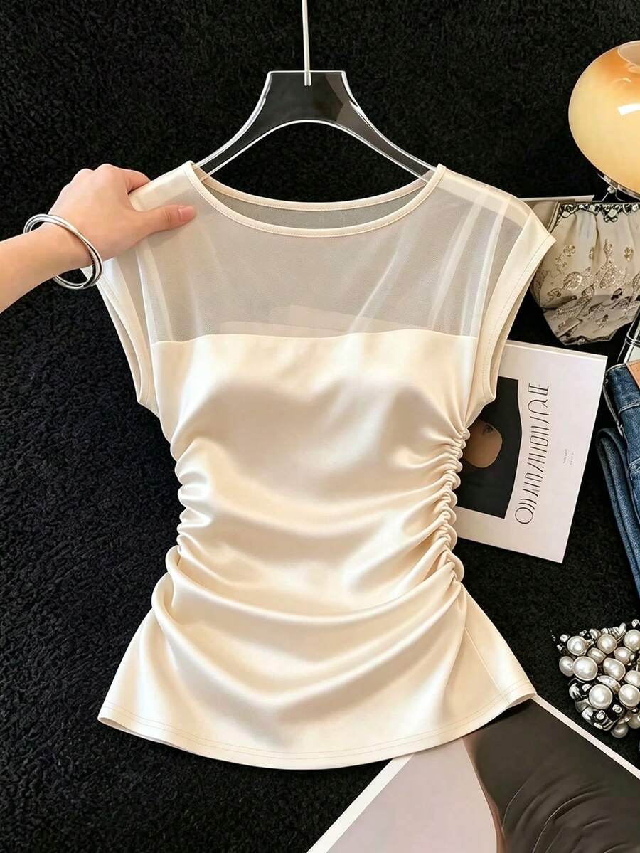 SHEIN Franclia تي شيرت شبه شفاف بتصميم بسيط بلون مشمشي