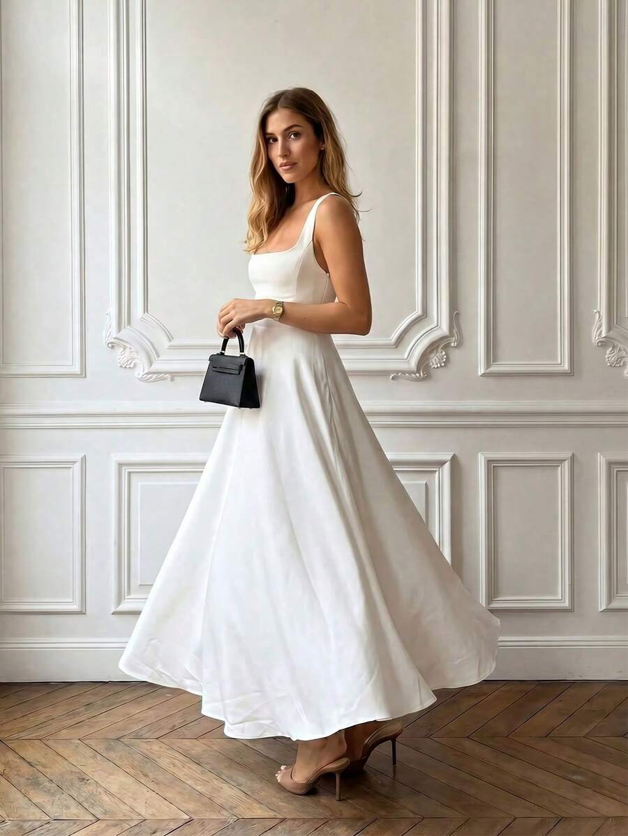 SHEIN FLORIA فستان أبيض سادة كاجوال أنيق بسحاب