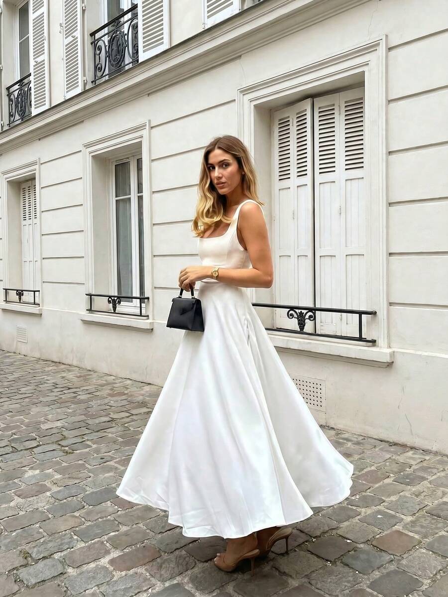 SHEIN FLORIA فستان أبيض سادة كاجوال أنيق بسحاب